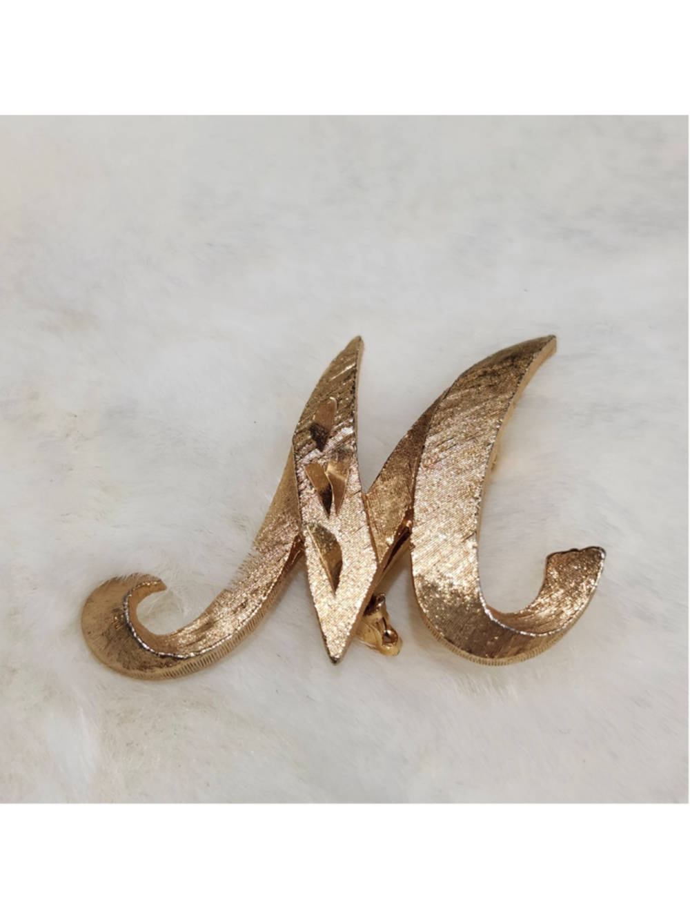 Mamselle Initial Brooch Pin Brushed Gold Tone Script Letter "M”